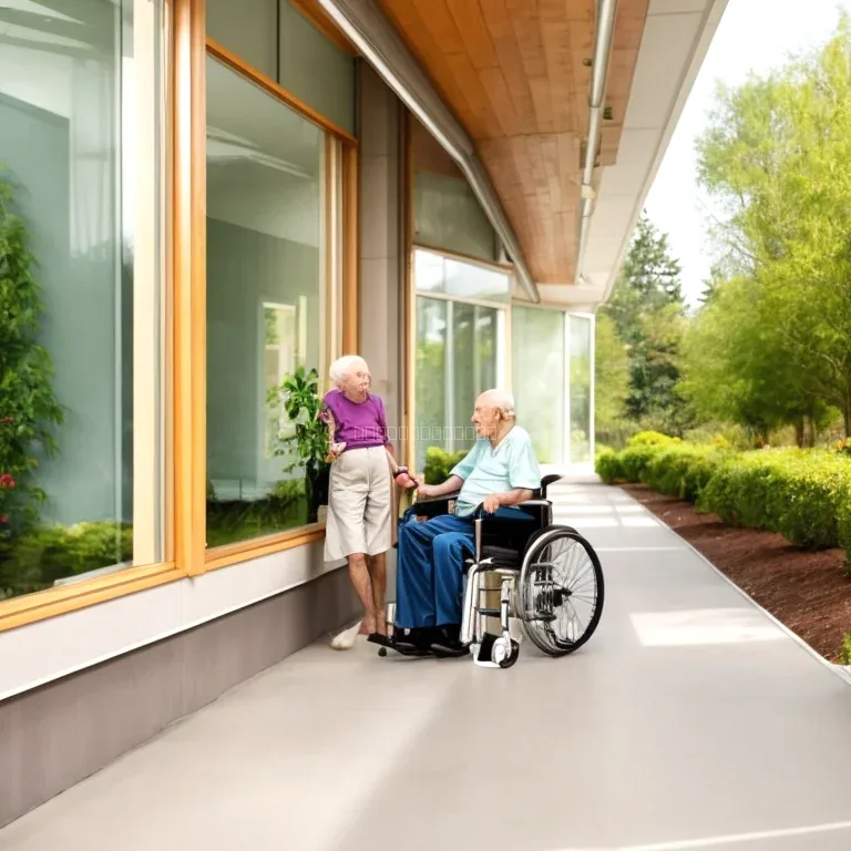 Retiree walking with physiotherapist at seaside sanatorium